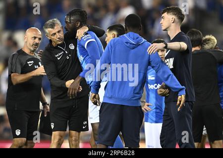 Genk, Belgien. September 2023. Genks Tolu Toluwalase Arokodare feiert nach einem Fußballspiel zwischen KRC Genk und RSCA Anderlecht, Sonntag, den 03. September 2023 in Genk, am Tag 06 der Saison 2023-2024 der „Jupiler Pro League“-Erstliga der belgischen Meisterschaft. BELGA PHOTO JOHAN EYCKENS Credit: Belga News Agency/Alamy Live News Stockfoto