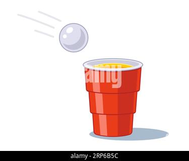 Bier-Pong-Spiel für Erwachsene. Rote Tasse mit weißem Ballon. Flache Vektorillustration. Stock Vektor