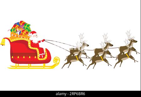 Wunderschöner Weihnachtsschlitten mit Weihnachtsmann und sechs Rentieren; Illustration der Weihnachtsschlacht mit Weihnachtsmann, Rentiere; Geschenktüte und Klingelglocken Stock Vektor