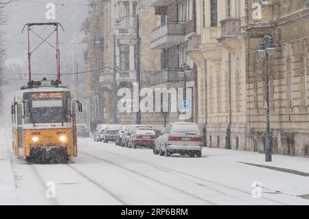 (190108) -- BUDAPEST, 8. Januar 2019 -- Eine Straßenbahn wird bei einem Schneefall in Budapest, Ungarn, am 8. Januar 2019 gesehen. Starke Schneefälle in Ungarn haben den Luft- und Straßenverkehr gestört oder sogar gelähmt, so offizielle Quellen hier am Dienstag. ) UNGARN-BUDAPEST-SNOW AttilaxVolgyi PUBLICATIONxNOTxINxCHN Stockfoto
