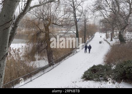 (190108) -- BUDAPEST, 8. Januar 2019 -- Menschen laufen auf einem schneebedeckten Fußweg am Ufer eines Sees während eines Schneefalls in Budapest, Ungarn, am 8. Januar 2019. Starke Schneefälle in Ungarn haben den Luft- und Straßenverkehr gestört oder sogar gelähmt, so offizielle Quellen hier am Dienstag. ) UNGARN-BUDAPEST-SNOW AttilaxVolgyi PUBLICATIONxNOTxINxCHN Stockfoto