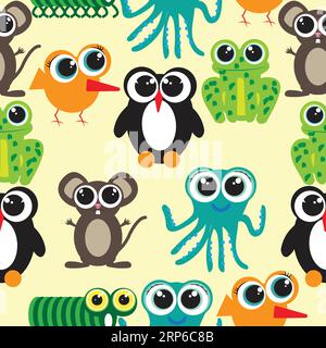 Riesenauge Babyfiguren Sealmess Muster; Maus; raupe; Vogel; Oktopus; Frosch; Pinguin, Vogel Stock Vektor