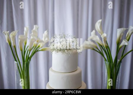 Hochzeitstisch: Eleganter weißer Tisch mit Kuchen und Blumen für Hochzeitsfeiern Stockfoto