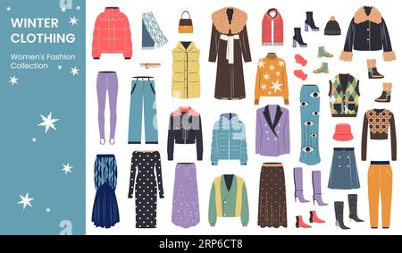 Set mit Winterkleidung für Frauen. Flache Vektorgrafik Stock Vektor
