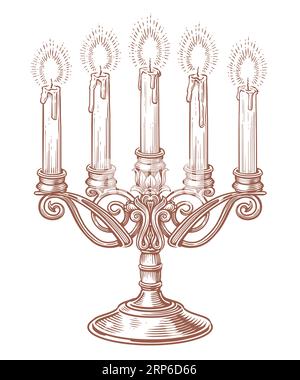 Kandelaber mit fünf brennenden Kerzen. Handgezeichneter Vintage-Kerzenleuchter mit Skizzen. Vektorillustration Stock Vektor