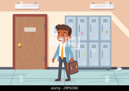 Der Schüler im Schulkorridor geht in die Klasse. Flache Vektorillustration. Stock Vektor