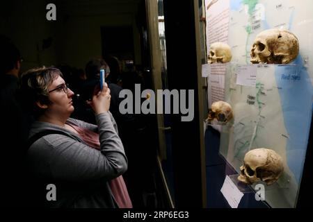 (190110) -- KAIRO, 10. Januar 2019 -- Eine Frau fotografiert Schädel während einer temporären Ausstellung mit dem Titel Wiederentdeckung der Toten im Ägyptischen Museum in Kairo, Ägypten, am 10. Januar 2019. Die Ausstellung, die 15 Schädel beider Geschlechter und verschiedener Altersgruppen zeigt, ist die erste ihrer Art im Ägyptischen Museum. Die Ausstellung, die am Donnerstag eröffnet wurde, dauert bis Ende Januar. ) ÄGYPTEN-KAIRO-ÄGYPTISCHES MUSEUM-AUSSTELLUNG-WIEDERENTDECKUNG DER TOTEN AHMEDXGOMAA PUBLICATIONXNOTXINXCHN Stockfoto