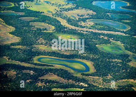 Salinen und Teiche bildeten sich während der Trockenzeit in der Region Nhekolandia, Pantanal, Brasilien. Stockfoto