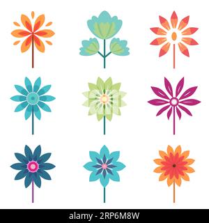 Blumensymbole. Set mit verschiedenen Blumen. Sammlung flacher Blumensymbole. Vektorillustration. Stock Vektor