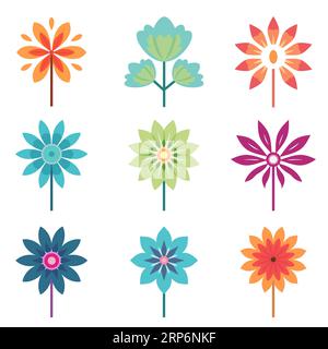 Blumensymbole. Set mit verschiedenen Blumen. Sammlung flacher Blumensymbole. Vektorillustration. Stock Vektor