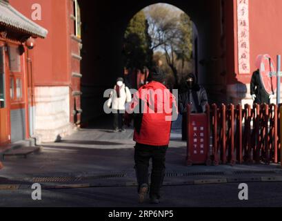 (190117) -- PEKING, 17. Januar 2019 (Xinhua) -- Zustellmann Yang Hongyi geht zu einem Tor der Verbotenen Stadt, um Pakete in Peking, Hauptstadt Chinas, zu liefern, 15. Januar 2019. Der 44-jährige Yang Hongyi hat in fast drei Jahren seiner Arbeit als Lieferer in der Nähe der Verbotenen Stadt mehr als 100.000 Pakete geliefert, ohne dass es eine negative Bewertung seiner Kunden gab. Yang arbeitet täglich von morgens bis abends, wobei er etwa 200 Pakete liefern und rund 200 Anrufe an Kunden tätigen muss. Während das Frühlingsfest näher rückt, muss Yang jeden Tag zusätzliche 100 Pakete liefern. Stockfoto