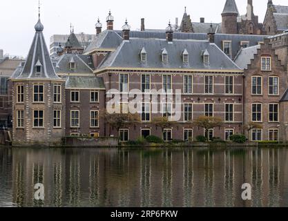 Fassade von Binnenhof - niederländisches Parlament mit Hofvijver-Teich, den Haag, Niederlande; Stockfoto