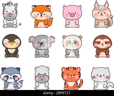 Kawaii-Tieraufkleber. Niedliche Tierfiguren, Farm und Zoo Sammlung. Kindliche Elemente, isolierter Tiger, Fuchs und Koala-Nowaday-Vektorset Stock Vektor