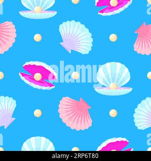 Nahtloses Perlmuttmuster. Stoffdruck mit Cartoon-Muscheln und Perlen. Dekorative Unterwasserelemente, Meeresschmuck Nowaday Vektor Hintergrund Stock Vektor