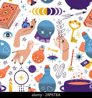 Nahtloses Muster von Magic Elements. Alchemie-Hexenzeichen, mystische Hexenkristall-Kugel. Spirituelles Design, halloween magische dezente Vektorgrafik Stock Vektor