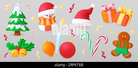 Weihnachten 3D-Elemente. Geschenkboxen, Weihnachtsbaum und Keks. Überraschen Sie den Winterurlaub mit realistischen Objekten. Rendern Sie Süßigkeiten, Spielzeug, Schneemann pithy Vektor-Set Stock Vektor