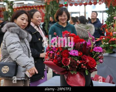 (190120) -- PEKING, 20. Januar 2019 (Xinhua) -- Besucher schätzen Blumenarbeiten auf einer Blumenausstellung in Peking, Hauptstadt Chinas, 20. Januar 2019. Während der Ausstellung für das kommende Frühlingsfest werden über 160 Blumenkultur-Werke präsentiert. (Xinhua/Li Xin) CHINA-BEIJING-SPRING FESTIVAL-BLUMEN-AUSSTELLUNG (CN) PUBLICATIONxNOTxINxCHN Stockfoto