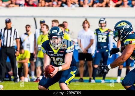 Stuttgart, Deutschland. September 2023. European League of Football, elf/ Game : Helvetische Garde bei Stuttgart Surge am 03. September 2023, im Gazi-Stadion, Stuttgart, Deutschland, Stuttgart Surge/ QB # 12 Janis Kaiser Credit: Frank Baumert/Alamy Live News Stockfoto