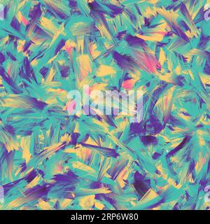 Abstrakte Pinselstriche in hellblau, lila, gelb und rosa mit verschiedenen Formen. Nahtloses Muster. Stockfoto
