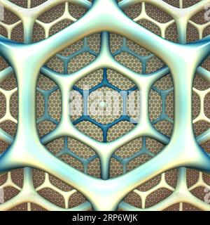 Sechseckige Netzelemente, 3D-Fraktalmuster. Blaue und braune Farben. 3D-Abbildung, 3D-Rendering Stockfoto