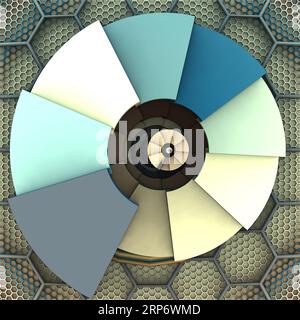 Abstrakte Wendeltreppe, Honeycomnb-Hintergrund. Blaue, hellgelbe und graue Farben. 3D-Objekt, 3D-Rendering, 3D-Abbildung Stockfoto