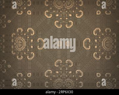 Abstrakter brauner Hintergrund mit goldenem geometrischem Muster, Teppichimitation. 3D-Abbildung, 3D-Rendering Stockfoto