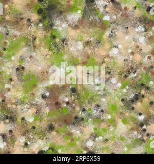 Grüne, braune, schwarze, weiße und sandfarbene chaotische Pinselstriche. Kleine Kreise und abstrakte Formen. Nahtloses Muster. Stockfoto