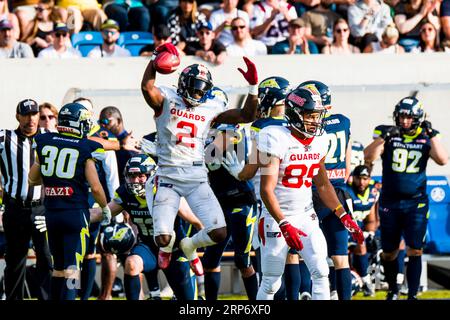 Stuttgart, Deutschland. September 2023. European League of Football, elf/ Game : Helvetische Garde bei Stuttgart Surge am 03. September 2023, im Gazi Stadium, Stuttgart, Deutschland, Helvetic Guards/ CB # 2 Ken Hike Jr. Quelle: Frank Baumert/Alamy Live News Stockfoto