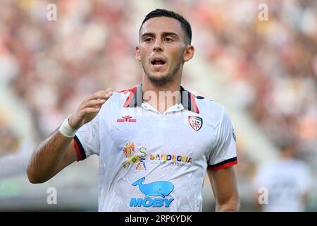 Bologna, Italien. September 2023. Gabriele Zappa (Cagliari Calcio) während des Spiels Bologna FC gegen Cagliari Calcio, italienische Fußballserie A in Bologna, Italien, 02. September 2023 Credit: Independent Photo Agency/Alamy Live News Stockfoto