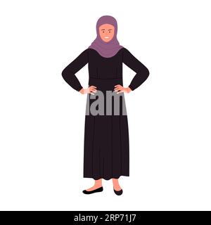 Muslimische Geschäftsfrau mit Hüfthänden. Weibliche arabische Managerin in stehender Pose Cartoon Vektor Illustration Stock Vektor