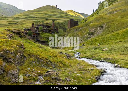 Hinter dem befestigten Dorf Dartlo, wenige Kilometer vor der tschetschenischen Grenze, können Sie die Burg Kvavlo sehen. In Georgien Stockfoto