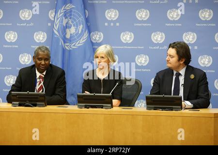 (190125) -- VEREINTEN NATIONEN, 25. Januar 2019 -- Tijjani Muhammad-Bande, Stellvertretender Ständiger Vertreter Nigerias bei den Vereinten Nationen, Stefania Giannini, stellvertretende Generaldirektorin für Bildung der Organisation der Vereinten Nationen für Bildung, Wissenschaft und Kultur (UNESCO) und Jens Frolich Holte, Staatssekretär im Ministerium für auswärtige Angelegenheiten Norwegens (von L bis R) anlässlich des Internationalen Tages der Bildung (24. Januar) in Anerkennung der Rolle der Bildung für Frieden und nachhaltige Entwicklung im Hauptquartier der Vereinten Nationen in New York am 24. Januar 2019 ein Pressebriefing abhalten. Die Stockfoto