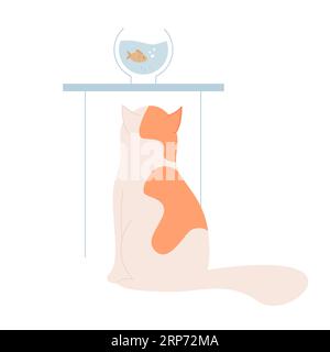 Neugierige Katzen beobachten Aquarienfische. Haustier der Familie, flauschige Kätzchen Freund Karikaturvektor Illustration Stock Vektor