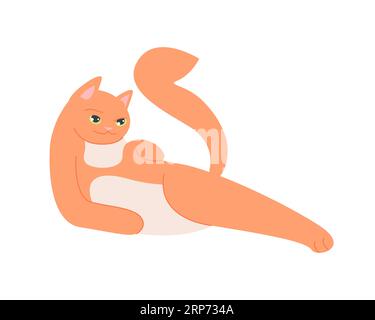 Ginger niedliche Katze in Stretchhaltung. Lazy Hauskitt, Haustier liegend Position Karikaturvektor Illustration Stock Vektor