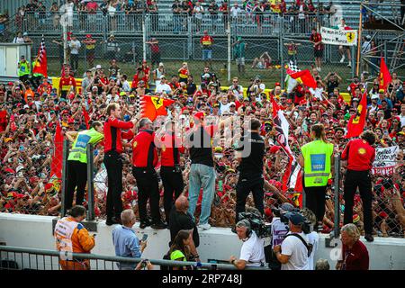 #16 Charles Leclerc, (MON) Scuderia Ferrari feiert nach dem italienischen GP, Monza 31. August-3. September 2023 Formel-1-Weltmeisterschaft 2023. Stockfoto