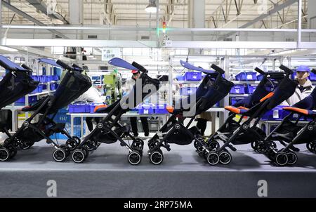 (190128) -- PEKING, 28. Januar 2019 (Xinhua) -- Mitarbeiter arbeiten am Fließband der Goodbaby Group Co., einem Elternproduktunternehmen mit Sitz in Kunshan, Provinz Jiangsu in Ostchina, 24. Januar 2019. (Xinhua/Xue Hongyu) Xinhua-Schlagzeilen: China baut Vertrauen in die Umsetzung von Xiaokang PUBLICATIONxNOTxINxCHN auf Stockfoto