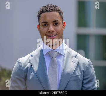 WASHINGTON, D.C. — 7. August 2023: Jeremy Peña, der Kurzstreckenposten von Houston Astros, wird während eines Medienauftritts im Weißen Haus in Washington, D.C. gesehen Stockfoto