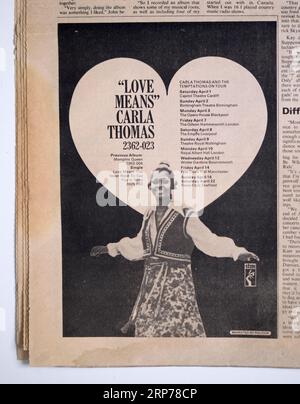 Werbespot für Carla Thomas Tour im New Musical Express NME Magazine der 1970er Jahre Stockfoto