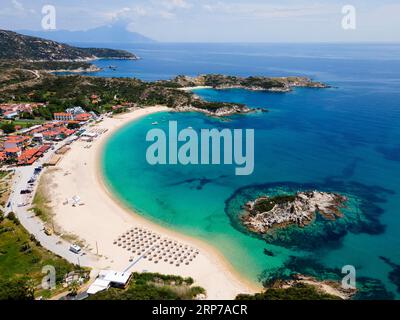 Luftaufnahme, Felsen und Strand, Kalamitsi, Sithonia, Chalkidiki, Zentralmazedonien, Griechenland Stockfoto
