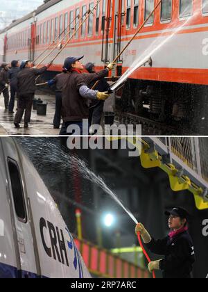 (190202) -- PEKING, 2. Februar 2019 () -- dieses Kombi-Foto zeigt Reinigungskräfte, die am Ende der Reisezeit des Frühlingsfestes am Bahnhof Guiyang in Guiyang, Provinz Guizhou im Südwesten Chinas, am 5. März 2005 einen Zug waschen (oben, Foto von Wu Dongjun); und ein Reiniger, der einen Hochgeschwindigkeitszug in einem Depot in Wuhan, der zentralchinesischen Provinz Hubei, am frühen 10. Februar 2011 wäscht (unten, Foto von Cheng Min). China erlebt seinen jährlichen besonderen 40-Tage- oder Frühjahrsfest-Reiserouch, der als die größte Migration auf der Welt bezeichnet wird, mit 2,99 Milliarden Reisen über die 40 Tage Stockfoto