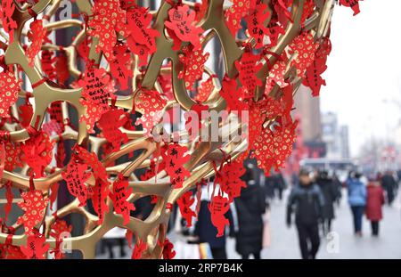 (190202) -- PEKING, 2. Februar 2019 (Xinhua) -- Foto vom 2. Februar 2019 zeigt Wunschkarten, die in der Wangfujing-Straße in Peking, der Hauptstadt Chinas, ausgestellt sind. Die Wangfujing Street, eine der wohlhabendsten Geschäftszonen der Stadt, ist mit einer festlichen Atmosphäre des Frühlingsfestivals gefüllt. Das Frühlingsfest, das chinesische Neujahr, findet dieses Jahr am 5. Februar statt. (Xinhua/Li Xin) CHINA-BEIJING-WANGFUJING-SPRING FESTIVAL (CN) PUBLICATIONxNOTxINxCHN Stockfoto