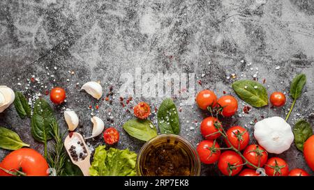 Top View Arrangement gesunde Lebensmittel Immunitätssteigerung Stockfoto