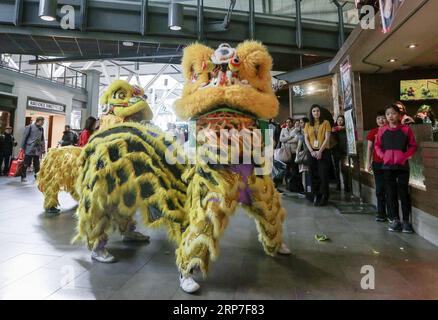 (190205) -- RICHMOND (KANADA), 5. Februar 2019 -- Menschen beobachten Löwentanz in der Abflughalle des Vancouver International Airport in Richmond, Kanada, 5. Februar 2019. Der Vancouver International Airport veranstaltete am Dienstag ein Frühlingsfest mit verschiedenen Aufführungen, um das Glück mit Reisenden aus der ganzen Welt zu teilen. ) CANADA-RICHMOND-VANCOUVER AIRPORT-SPRING FESTIVAL CELEBRATION LIANGXSEN PUBLICATIONXNOTXINXCHN Stockfoto