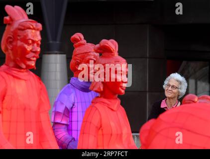 (190206) -- PEKING, 6. Februar 2019 (Xinhua) -- Terracotta Warrior Laternen sind vor dem National Museum of New Zealand ausgestellt, um das chinesische Mondneujahr am 5. Februar 2019 in Wellington, Neuseeland, zu feiern. (Xinhua/Guo Lei) XINHUA FOTOS DES TAGES PUBLICATIONxNOTxINxCHN Stockfoto