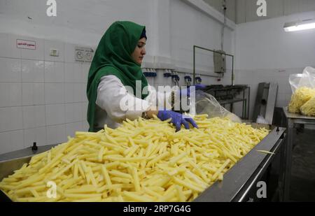 (190206) -- GAZA, 6. Februar 2019 -- Eine Palästinenserin packt am 30. Januar 2019 Pommes Frites in der Rosetta-Fabrik im nördlichen Gazastreifen Beit Hanoun. Die erste Pommes-Frites-Fabrik im Gazastreifen, die auf Initiative der Agrogenossenschaft (ACS) gegründet wurde, bot Frauen, insbesondere jungen Absolventen, seltene Beschäftigungsmöglichkeiten und half den Landwirten mit dem Überschuss an Kartoffelernte. Stringer) MIDEAST-GAZA-FRENCH-FRITTEN-FACTORY ZhaoxYue PUBLICATIONxNOTxINxCHN Stockfoto