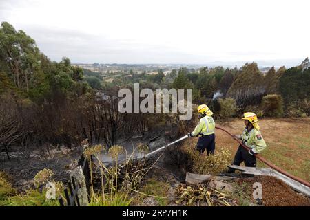 (190207) -- WELLINGTON, 7. Februar 2019 (Xinhua) -- Feuerwehrleute schlagen ein Buschfeuer im Redwood Valley in Nelson of South Island, Neuseeland, 6. Februar 2019. Ein Buschbrand begann am Dienstag in der Tasman-Region von South Island und veranlasste 235 Anwesen, das Gebiet zu evakuieren. Nach Angaben der örtlichen Behörden wurden etwa 400 Menschen aus ihren Häusern evakuiert, da der Brand innerhalb von 13 Stunden auf 1.874 Hektar anwuchs. Der Brand, der am schlimmsten seit den 1980er Jahren in der Region ausgebrochen ist, wird wahrscheinlich mehrere Tage oder länger dauern, bis er gestoppt wird, sagte Richard Kempthorne, Bürgermeister des Bezirks Tasman, den Medien. (Xinhua/Tim Cuff) NEUSEELAND- Stockfoto