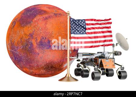 Das US Mars Exploration Program. planetenrover mit Mars und amerikanischer Flagge. 3D-Rendering isoliert auf weißem Hintergrund Stockfoto