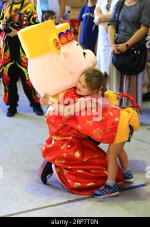 (190211) -- CANBERRA, 11. Februar 2019 (Xinhua) -- ein australisches Mädchen umarmt sich mit einem Maskottchen, das das Jahr des Schweins in Chinas Mondkalender während eines internationalen Tages auf den Old Bus Depot Markets in Canberra, Australien, am 10. Februar 2019 darstellt. Das alte Busdepot in Kingston, Australiens Hauptstadt Canberra, hat vor mehr als drei Jahrzehnten die Unterbringung von Bussen eingestellt. Jeden Sonntag ist es jedoch immer noch voller Besucher. Heute ist es der Old Bus Depot Markets, einer der beliebtesten Märkte in Australien. Nach dem chinesischen Neujahrsfest war es ein internationaler Tag, der Besucher zu verschiedenen Orten brachte Stockfoto