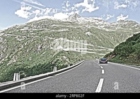 Foto mit reduzierter Dynamiksättigung HDR des Bergpasses alpine Bergstraße alpine Straßenpassansicht von der Furka Straße zum Furka Pass im Stockfoto