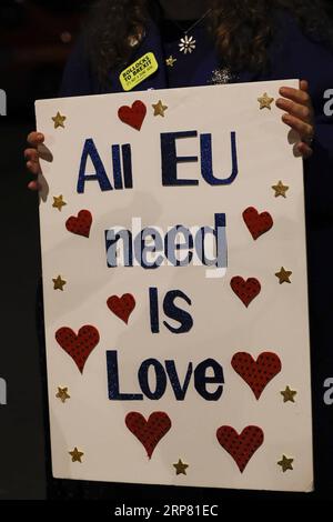 (190215) -- LONDON, 15. Februar 2019 (Xinhua) -- Ein Demonstrant hält am 14. Februar 2019 Ein Plakat vor den Houses of Parliament in London, Großbritannien. Das britische Unterhaus hat am Donnerstag gegen einen Antrag von Premierministerin Theresa May gestimmt, der seine Unterstützung für den Brexit-Ansatz der Regierung bekräftigt. (Xinhua/Han Yan) GROSSBRITANNIEN-LONDON-BREXIT PUBLICATIONxNOTxINxCHN Stockfoto